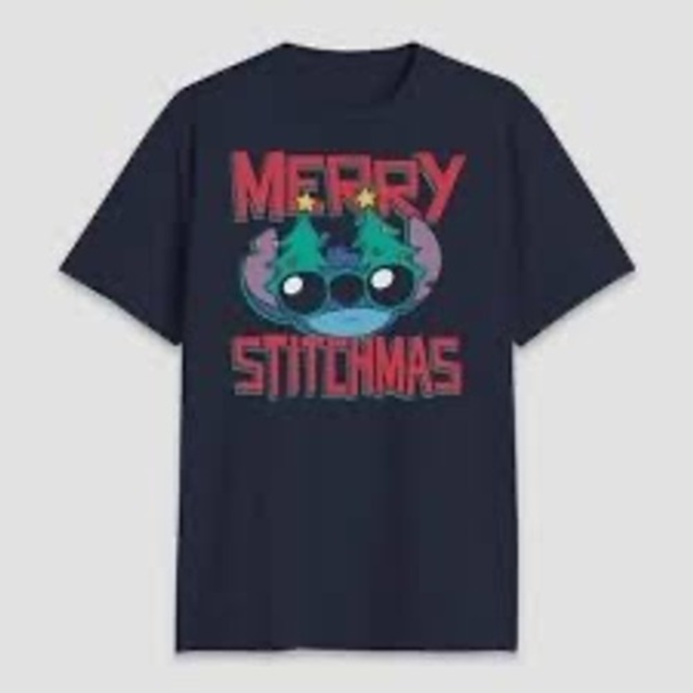 Disney Stitch Merry Stitchmas Navy Blue Graphic T Shirt Mens‎ XL Xmas Christmas